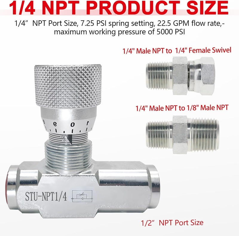 Cplbrb 1/4" NPT Hydraulic Flow Control Valve, 5000 PSI | One-Way Adjustable Speed Throttle Check Valve with 2 Pipe Adapters for Cylinder Control - Image 3